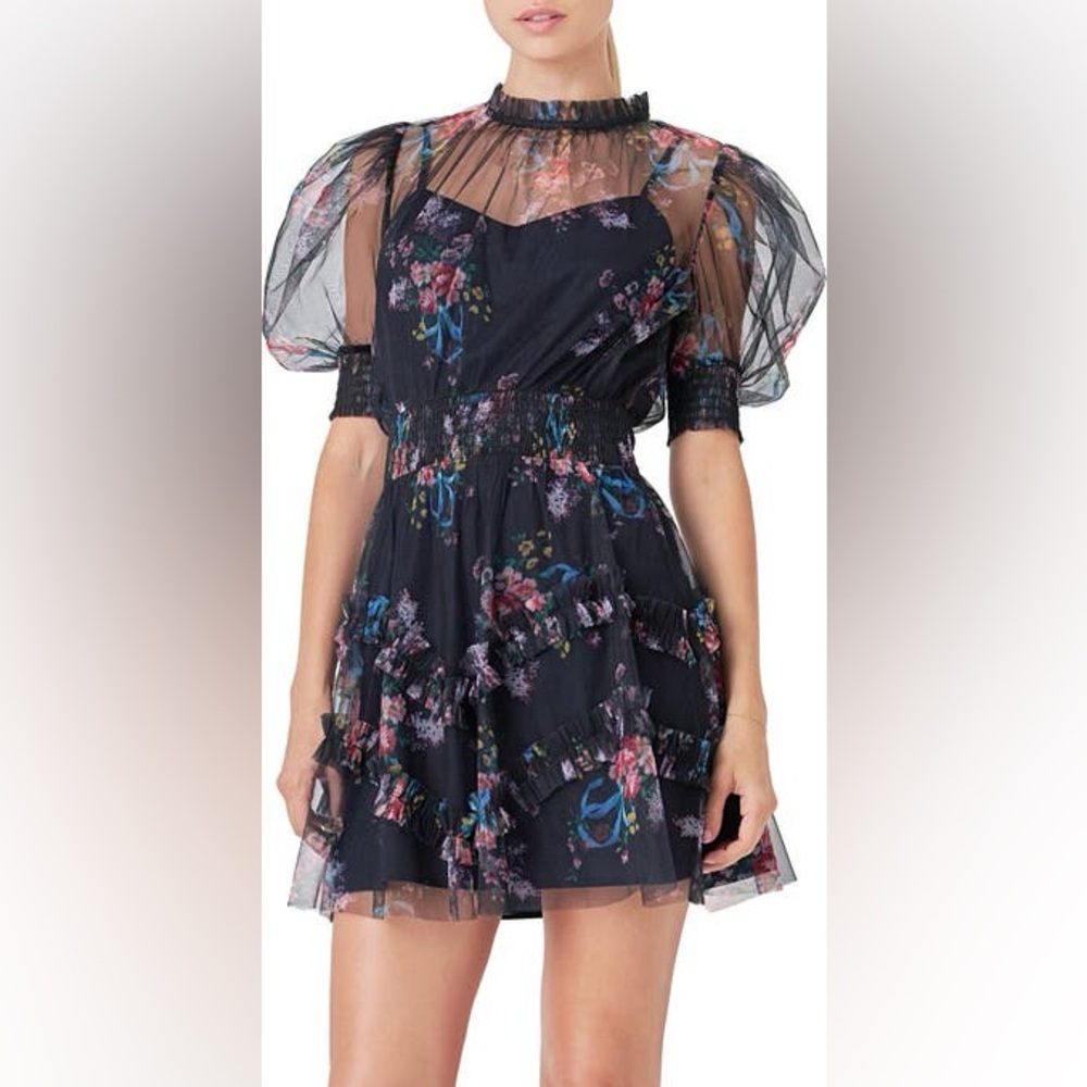 Floral Ruffle Puff Sleeve Mesh Minidress